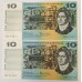 AUSTRALIA 1966 . TEN 10 DOLLARS BANKNOTES . COOMBS/WILSON . CONSEC PAIR . FIRST PREFIX SAA